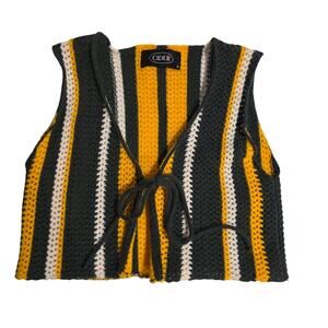 Cider Striped Tie Front Crochet‎ Knit Crop Vest Small Yellow Green White Boho